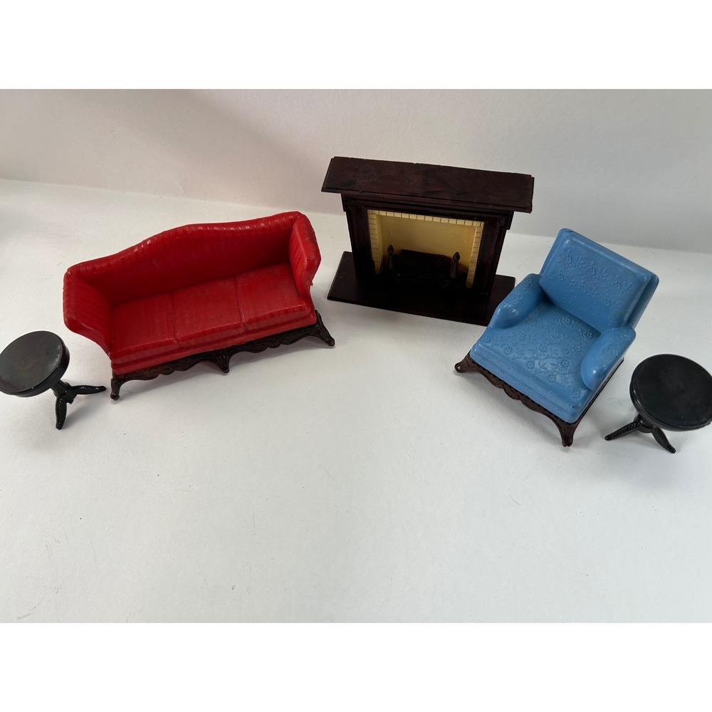 Vintage Renwal Dollhouse Furniture Set Red Sofa Blue Chair Fireplace Tables